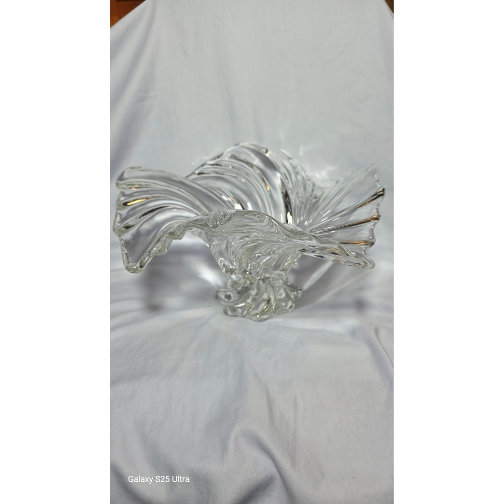 Vintage Clear Art Glass Ruffled Centerpiece Bowl Swirl Pedestal Fruit Dish